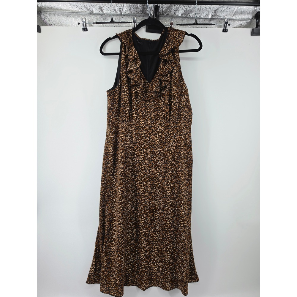 Talbots Womens Leopard Print Ruffle V-Neck Sleeveless Midi Dress Brown Size 14